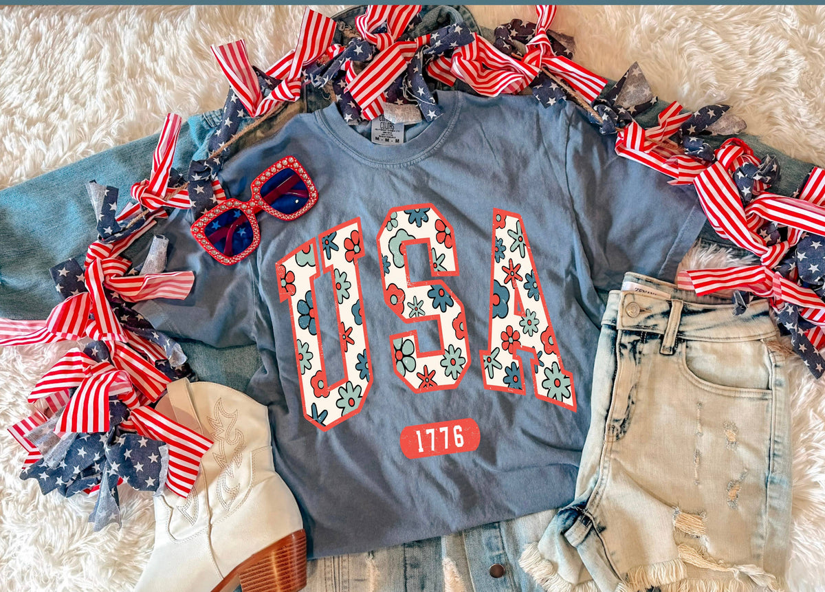 USA FLORAL TEE (ICE BLUE)
