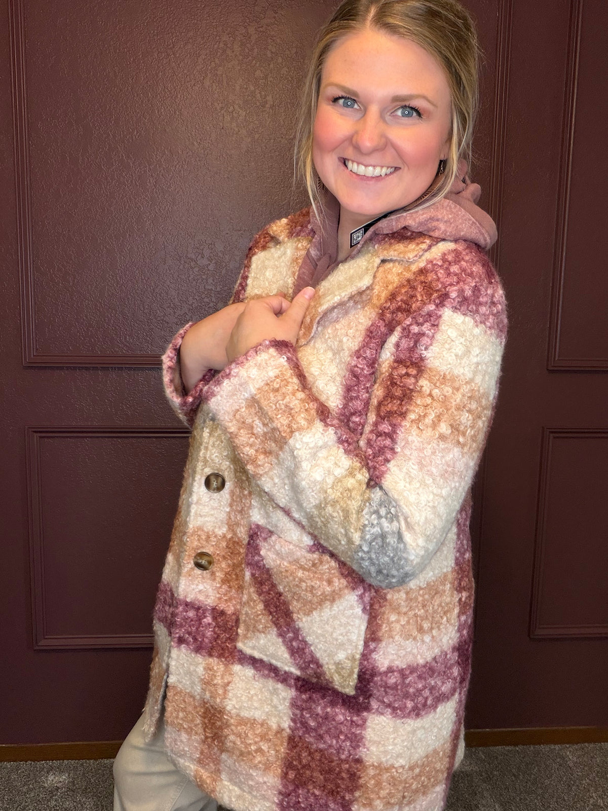 Charlie B Plaid Boucle Tailored Collar Coat