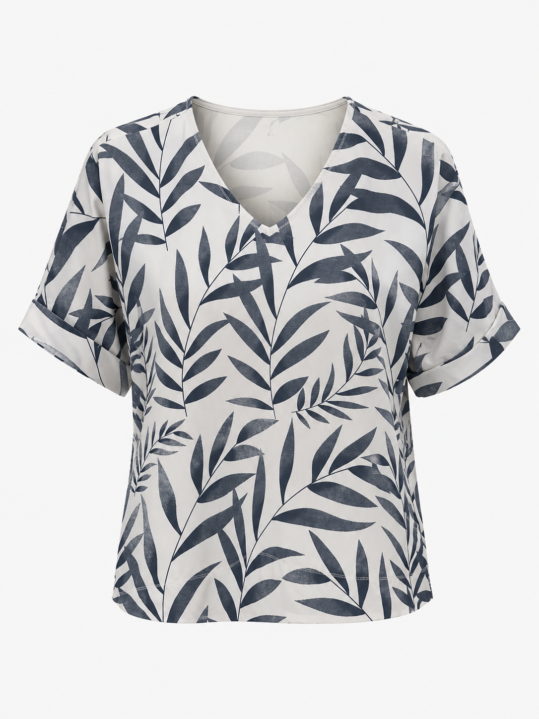 Wild Palms Leaves Print V-neck, White/Denim