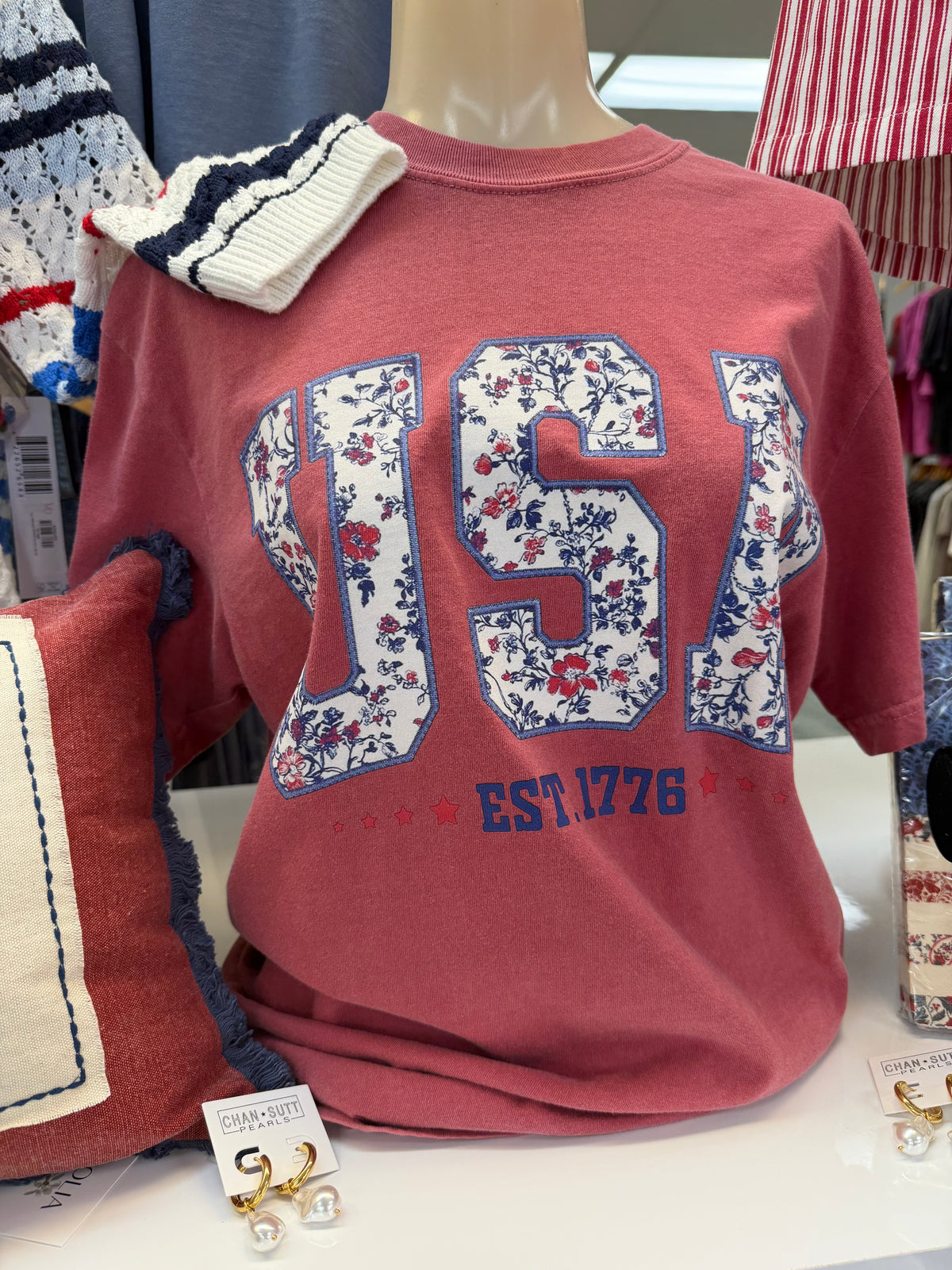 Patriotic Floral 'USA' Washed Red
