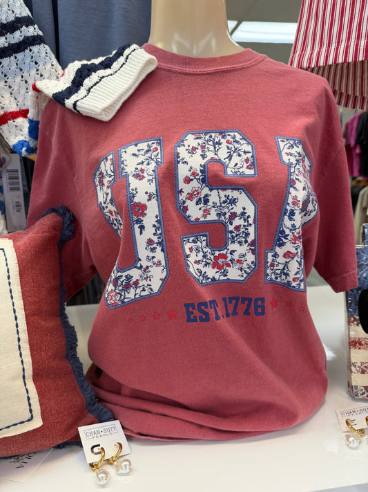 Patriotic Floral 'USA' Washed Red