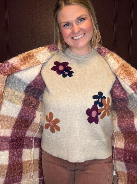 Charlie B Long Sleeve Sweater w/ Flowers