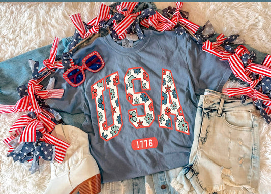 USA FLORAL TEE (ICE BLUE)