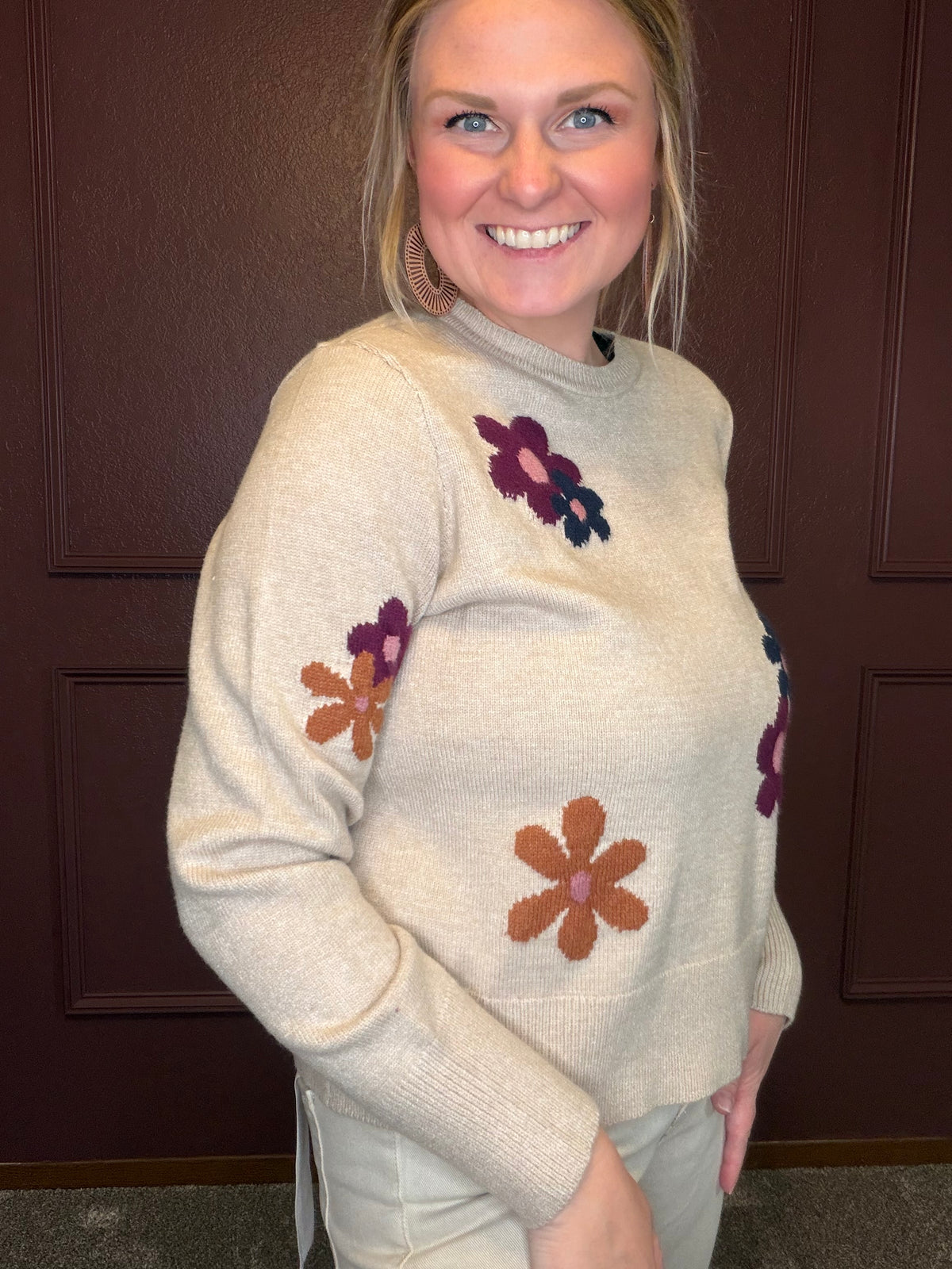 Charlie B Long Sleeve Sweater w/ Flowers
