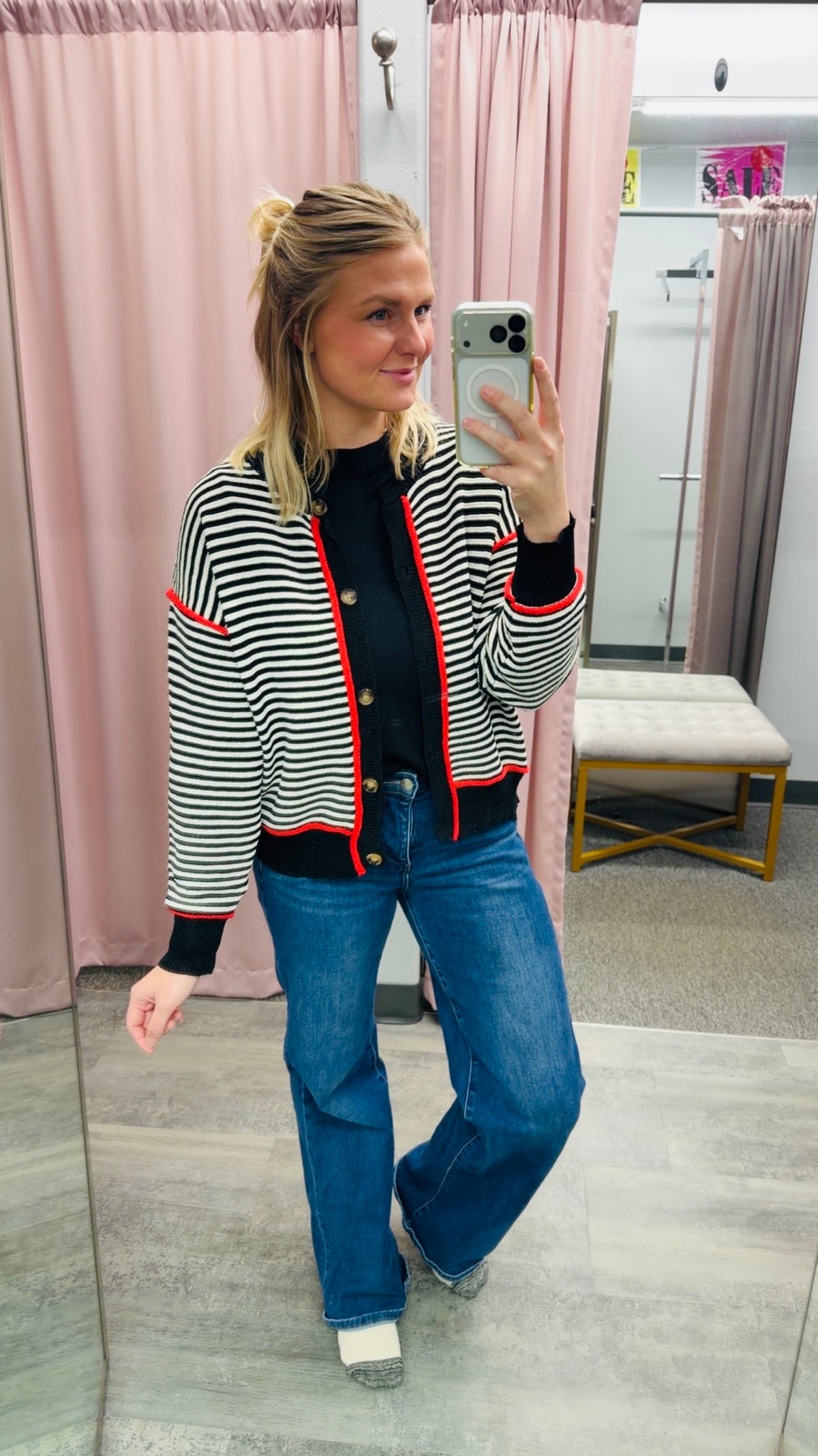 STRIPE BUTTON DOWN SWEATER CARDIGAN-BLACK/IVORY